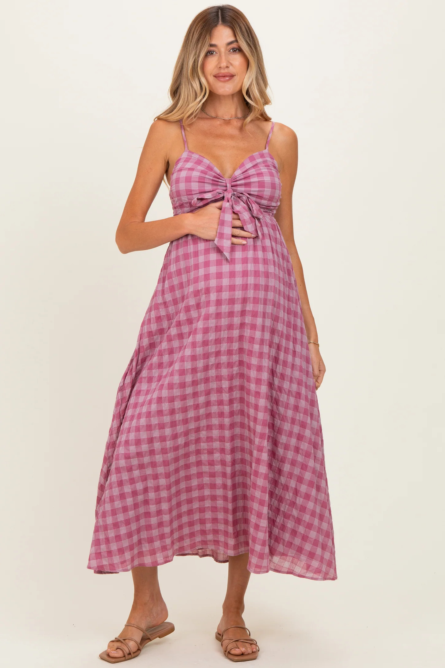 Pink Plaid Front Tie Sleeveless Maternity Maxi Dress | PinkBlush Maternity