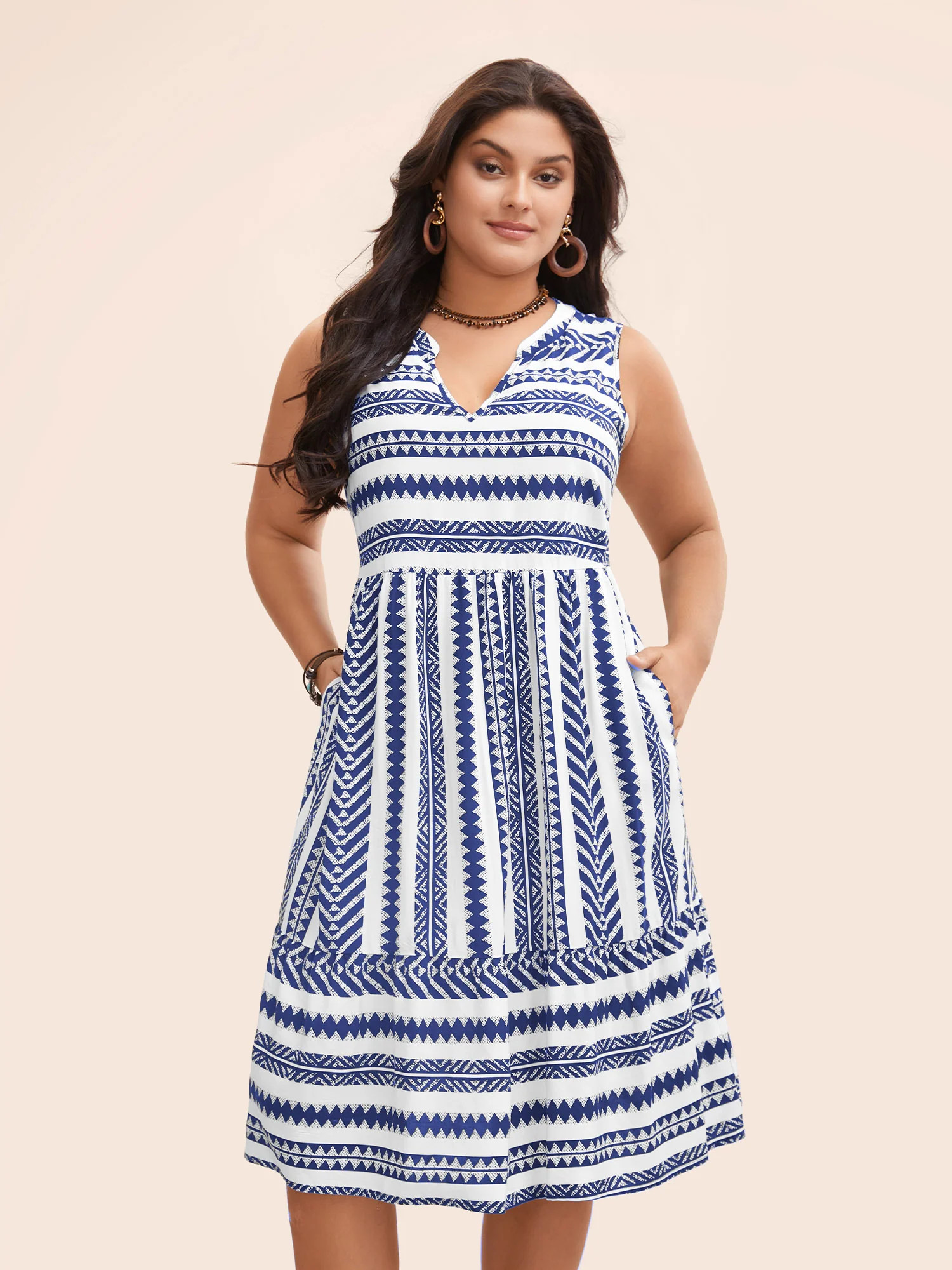 Striped Geometric Pocket Ruffle Hem Sleeveless Tank Dress | Bloomchic