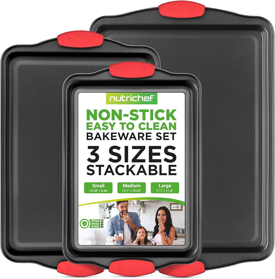 NutriChef 3-Piece Nonstick Kitchen Oven Baking Pans - Premium & Stylish Non-Stick Steel, Commerci... | Amazon (US)
