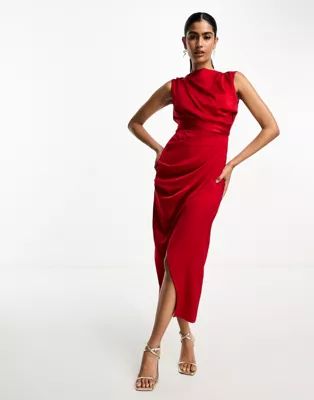 ASOS DESIGN satin drape midi dress with wrap skirt in red | ASOS (Global)