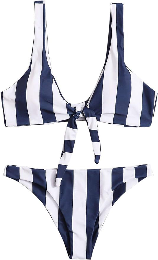 Floerns Women's Striped Knot Front Sleeveless Top Bikini 2 Piece Swimsuit | Amazon (US)
