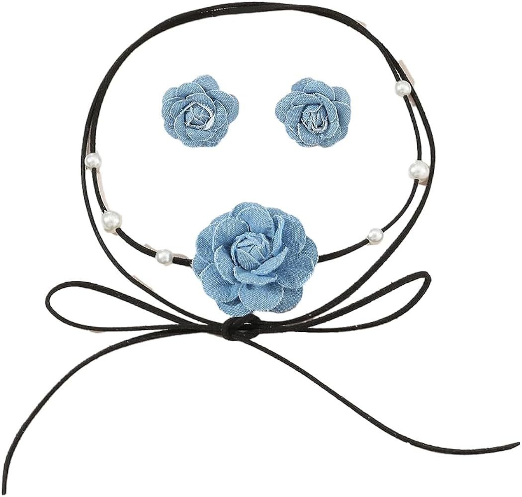 Denim Camellia Choker Beaded Lace-Up Necklace Earrings Set Floral Choker Waist Chain Bracelet Vin... | Amazon (US)