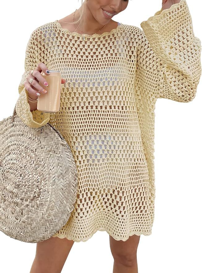 ANRABESS Women Swimsuit Crochet Swim Cover Up Summer Bathing Suit Swimwear Knit Pullover Beach Dr... | Amazon (US)