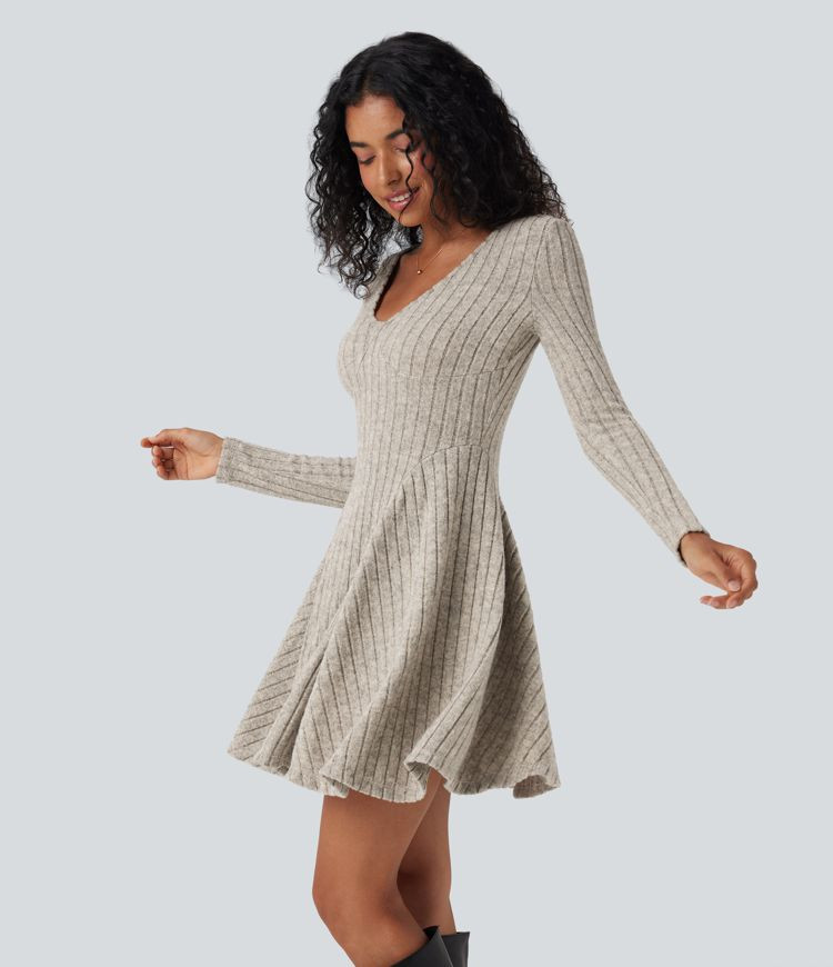 Women’s Ribbed Knit V Neck Long Sleeve Flare Mini Casual Dress - Halara | HALARA