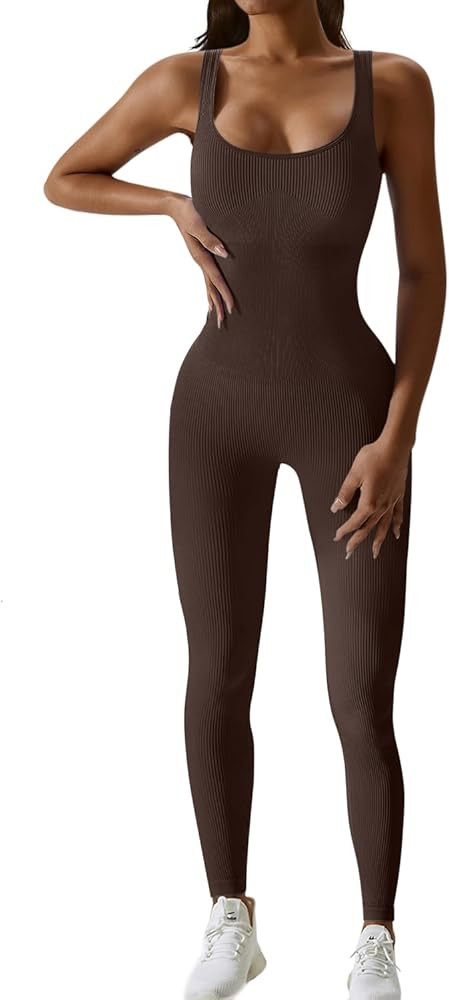 Yoga Jumpsuit for Women Workout Gym Seamless Ribbed One Piece Square Neck Tummy Control Padded Sp... | Amazon (UK)