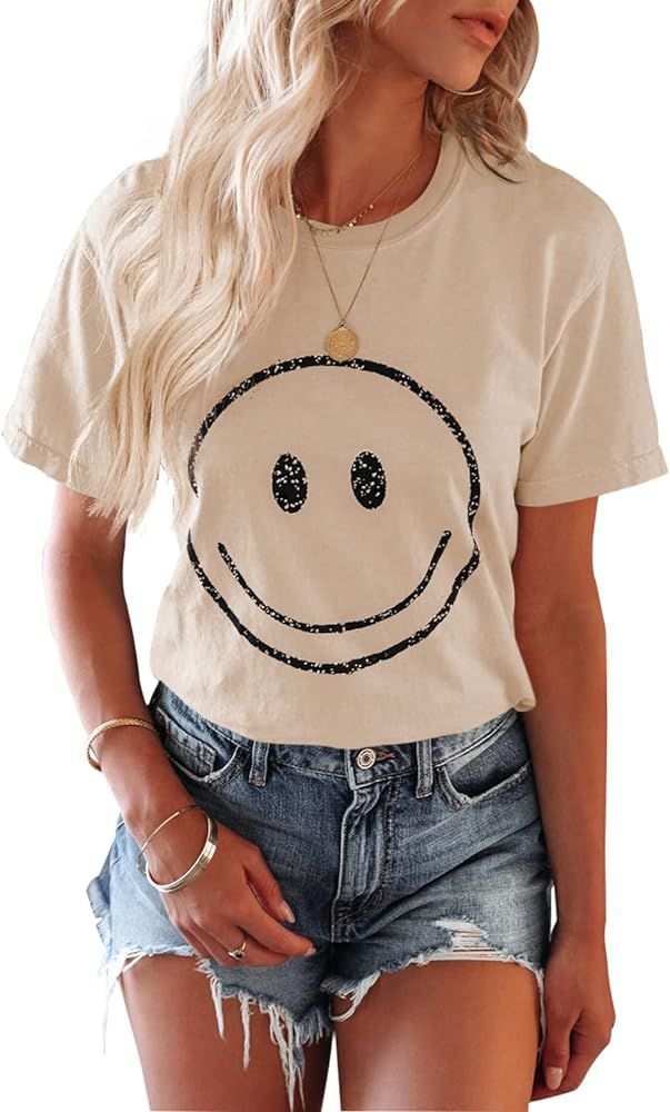ReachMe Womens Summer Cute Smiley Face Graphic T-Shirts Trendy Vintage Casual Loose Short Sleeve Tee | Amazon (US)