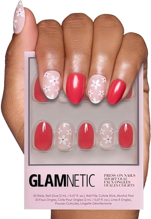 Glamnetic Press On Nails - Red Blossom | Glossy and Matte Short Oval Nails with Floral Accents, S... | Amazon (US)