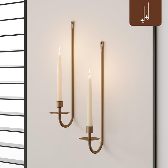 Metal Wall Candle Sconce Holder Set of 2 Wall Mount Candle Holder Pillar Holder Brass Modern Wall... | Amazon (US)
