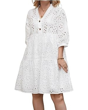 utcoco Women's 2025 Eyelet Lace Midi Dress V Neck Puff 3/4 Sleeve Button Tiered Sexy A Line Sun D... | Amazon (US)