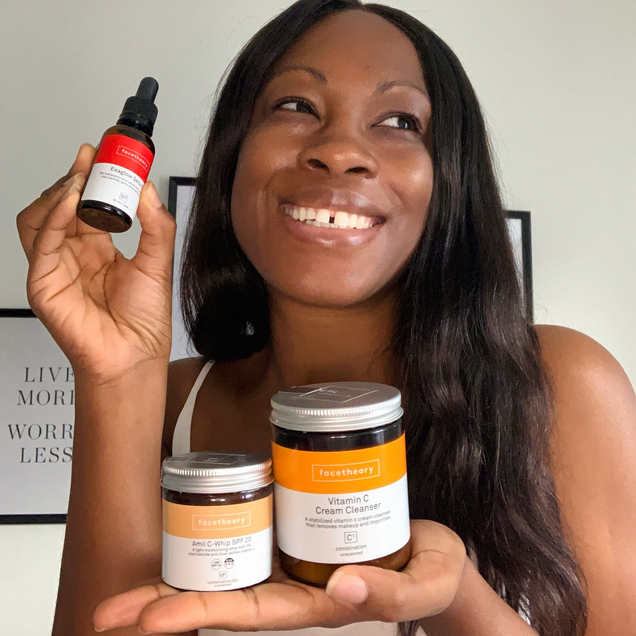 Glowy skin goals 🌟

Using Facetheory skincare.

Vitamin C Cream Cleanser - this comes scented and unscented. I went for unscented as my skin is easily irritated. This cleanser is very gentle and removes make up and daily impurities. My skin feels clean and hydrated after use. 

Exaglow Serum - with key active ingredients. Give this a little shake and apply to dark spots/hyper pigmentation before moisturising. Since I’ve started using this, you can noticeably see that my dark spots are fading out and my skin is looking luminous. 

Amil-C Whipped Moisturiser with SPF - again, I went for the unscented version. This is very light and fluffy. Love the whipped texture how this goes on.

I have honestly noticed a difference after using these products. Great for all skin types having scented and unscented versions.  My skin is reacting well with these beauties 🤩

#LTKunder50 #LTKFind #LTKbeauty