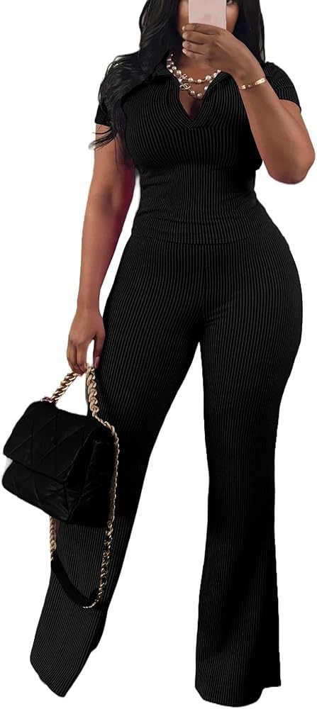 HBQ Women Two Piece Outfit Ribbed Short Sleeve V Neck Polo Top and Flare Pants Casual Lounge Sets... | Amazon (US)