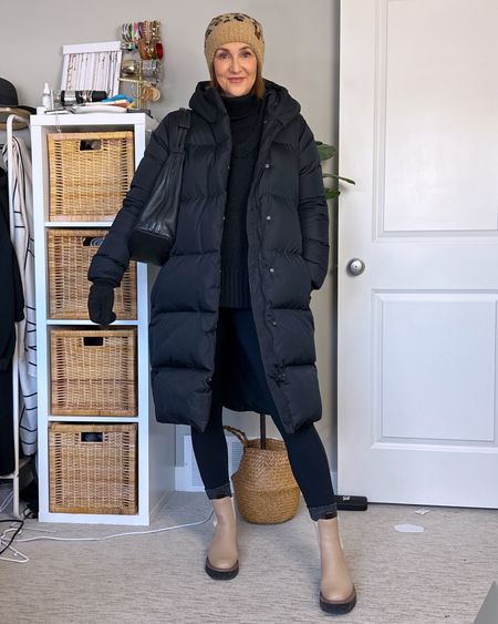Polar vortex errand outfit! 
Layered up a fleece turtleneck, cozy sweater, fleece lined leggings and a long puffer coat! 
Sized up to M in the turtleneck and sweater (I have long arms), wearing my usual S in the leggings and small tall in the coat (looks to be sold out, I linked similar too)
My boots fit true to size and I found them in stock and up to 70% off! I’ve had mine for three winters and are great quality.
Socks, gloves and leopard beanie are from Amazon. My bag is old but I found it on EBay.
