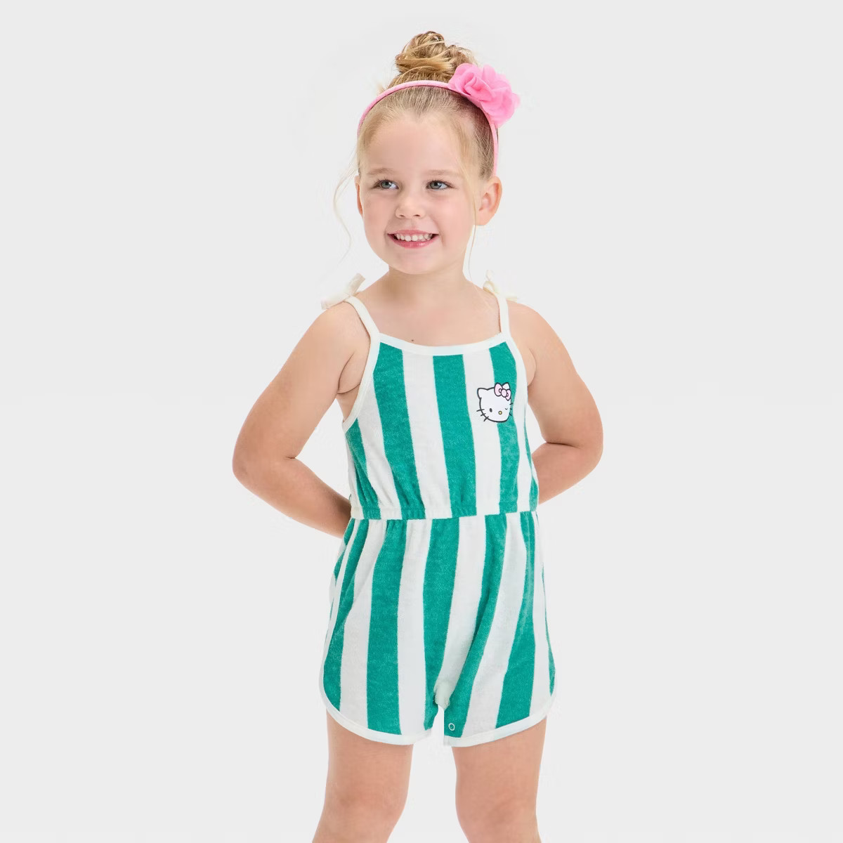 Hello Kitty Toddler Girls' Sport Short Leg Striped Romper - Green/White | Target