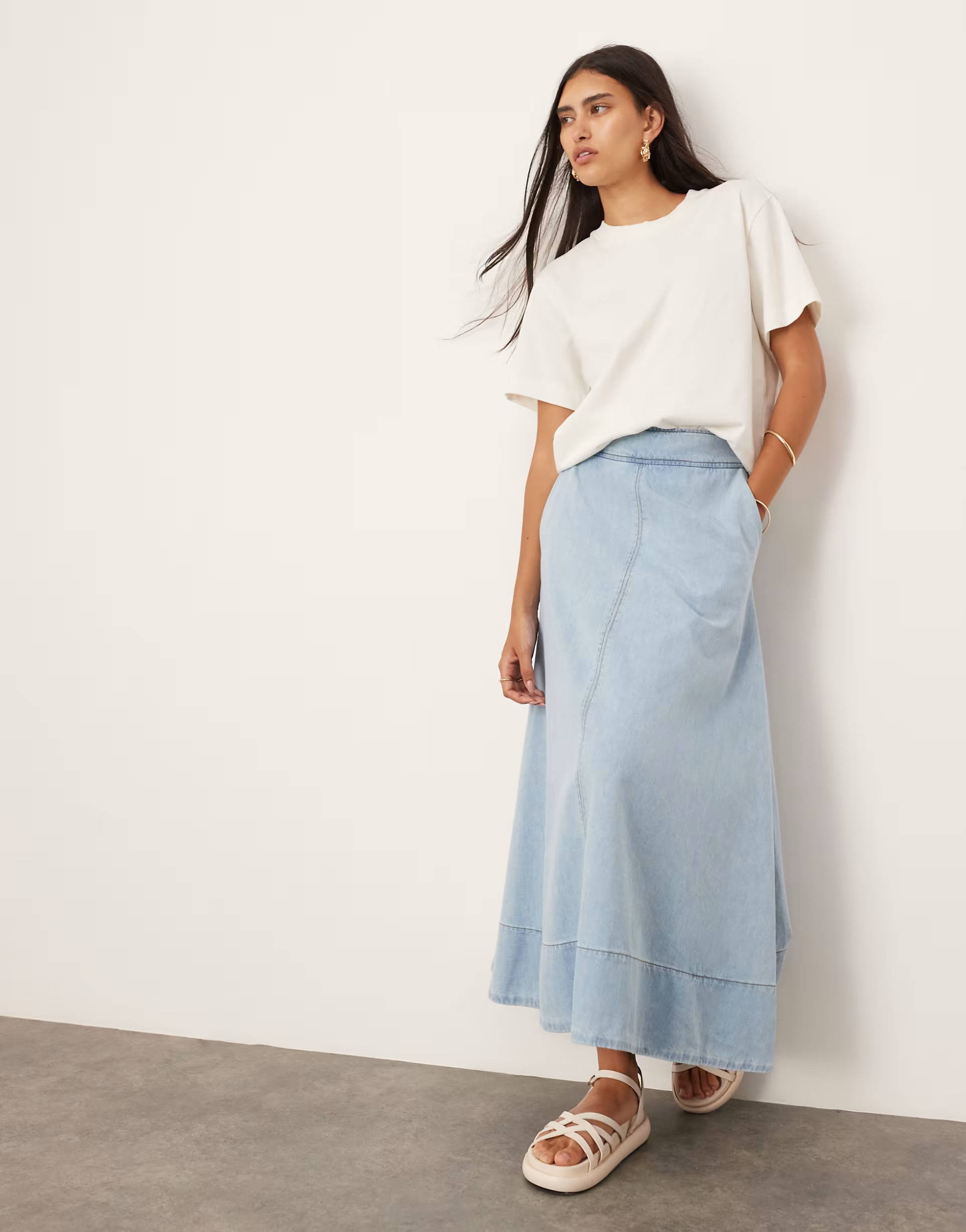 ASOS EDITION denim full midi skirt in bleach wash blue | ASOS (Global)