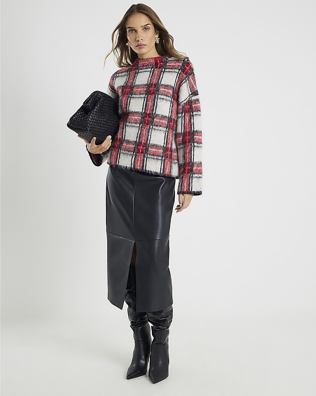 Red Long Sleeve Tartan Fluffy Jumper | River Island UK & IE