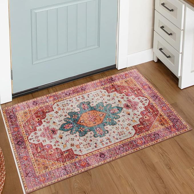 Moynesa Ultra-Thin Washable Pink Area Rug - 2x3 Small Pink Washable Bedroom Rug Entry Mat, Vintag... | Amazon (US)