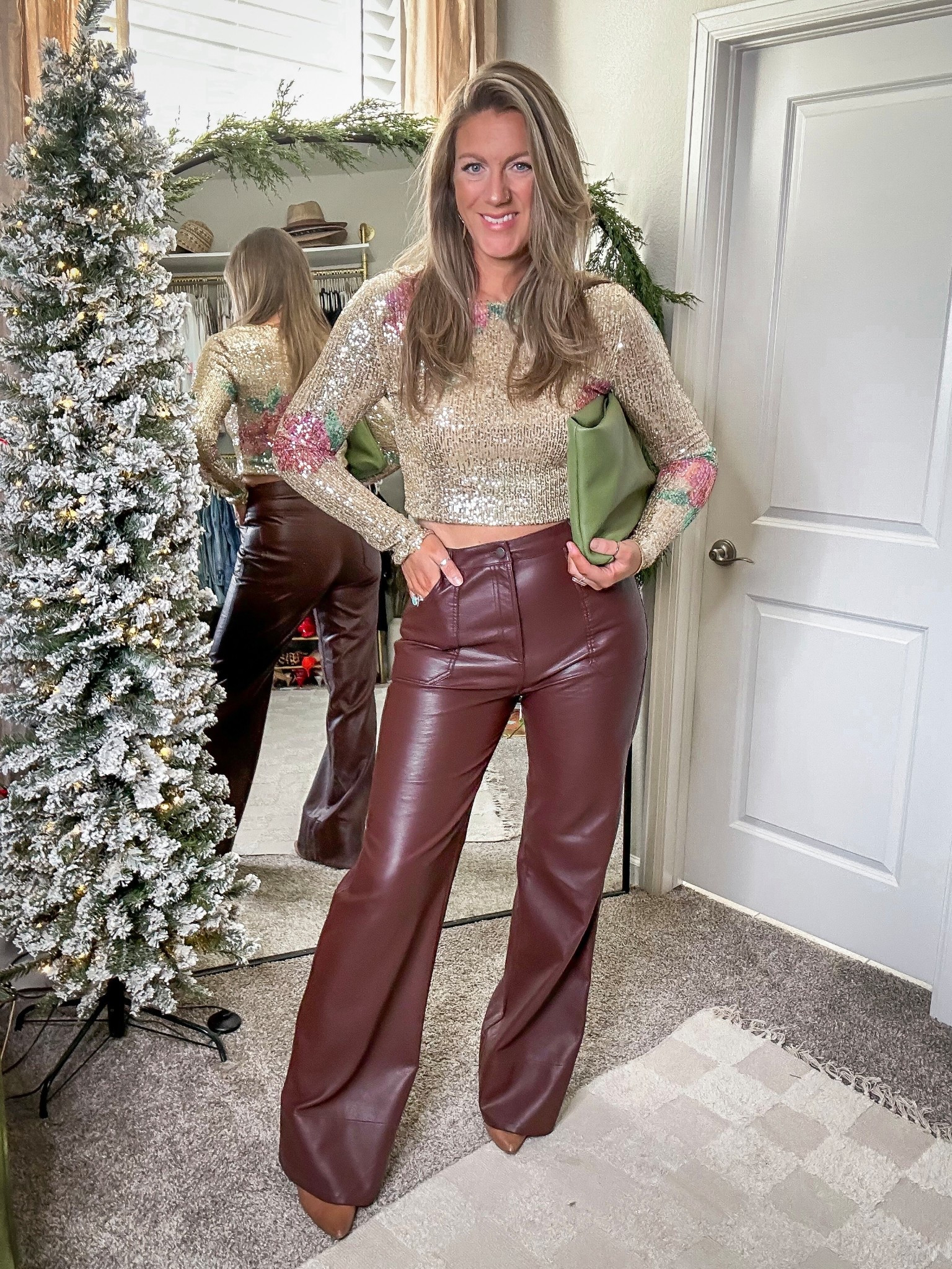Holiday party, date night, girls night, or work party outfit for tall girls
✨large top, 31 tall pants (size up, run small) similar pumps 

#LTKOver40 #LTKHoliday #LTKTall