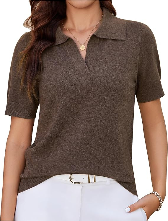 Short Sleeve Sweater for Women V Neck Polo Collared Knitted Shirts Summer Business Office Work To... | Amazon (US)