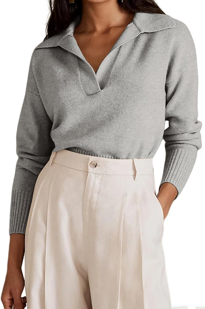 OLAPTA Women Knitted Lapel Collar Crop Sweater Polo V Neck Long Sleeve Loose Fit Casual Comfy Pul... | Amazon (US)