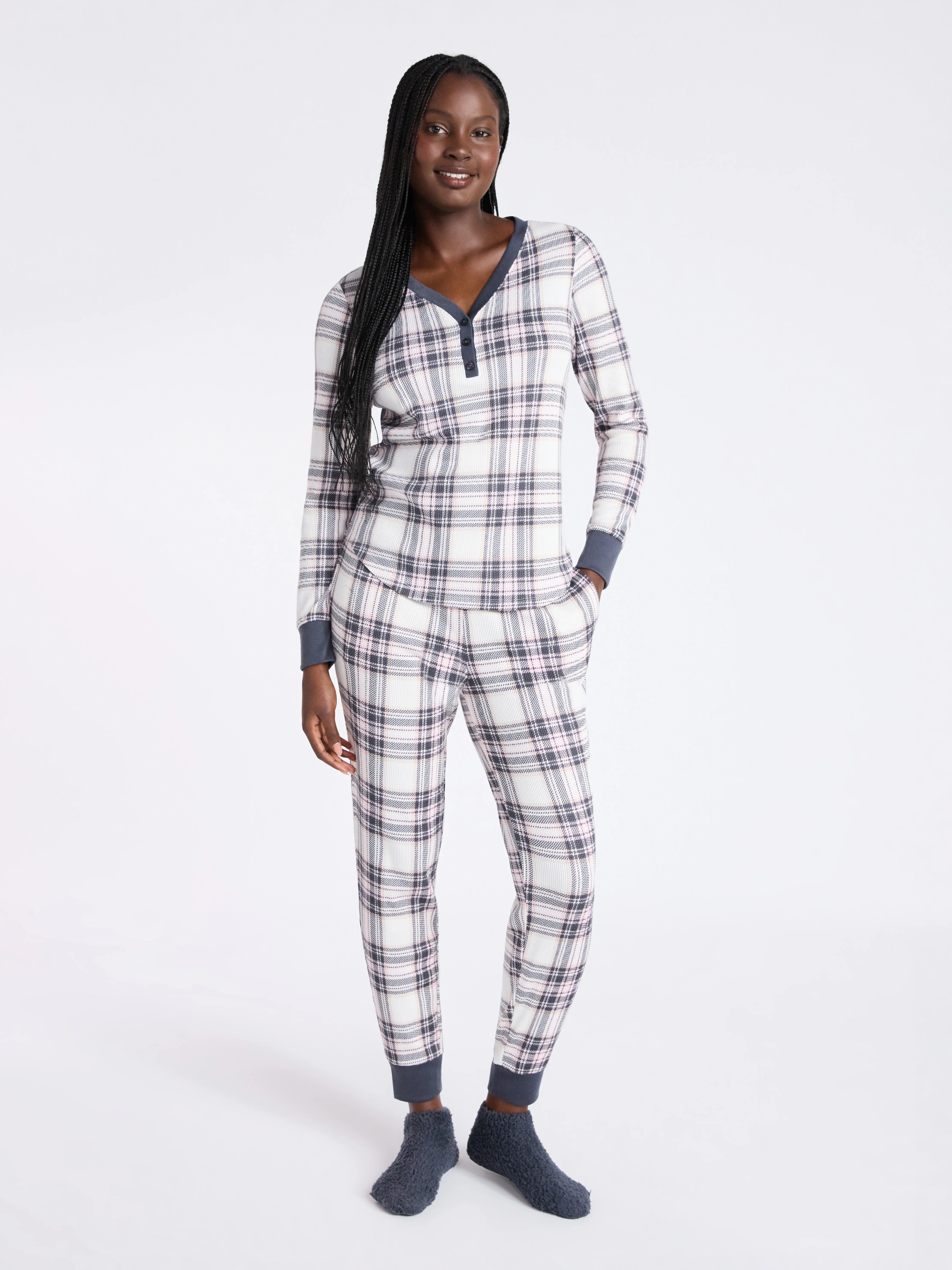 Joyspun Women's Waffle Knit Henley Sleep Top, Joggers and Socks Pajama Set, 3-Piece, Sizes XS-3X | Walmart (US)