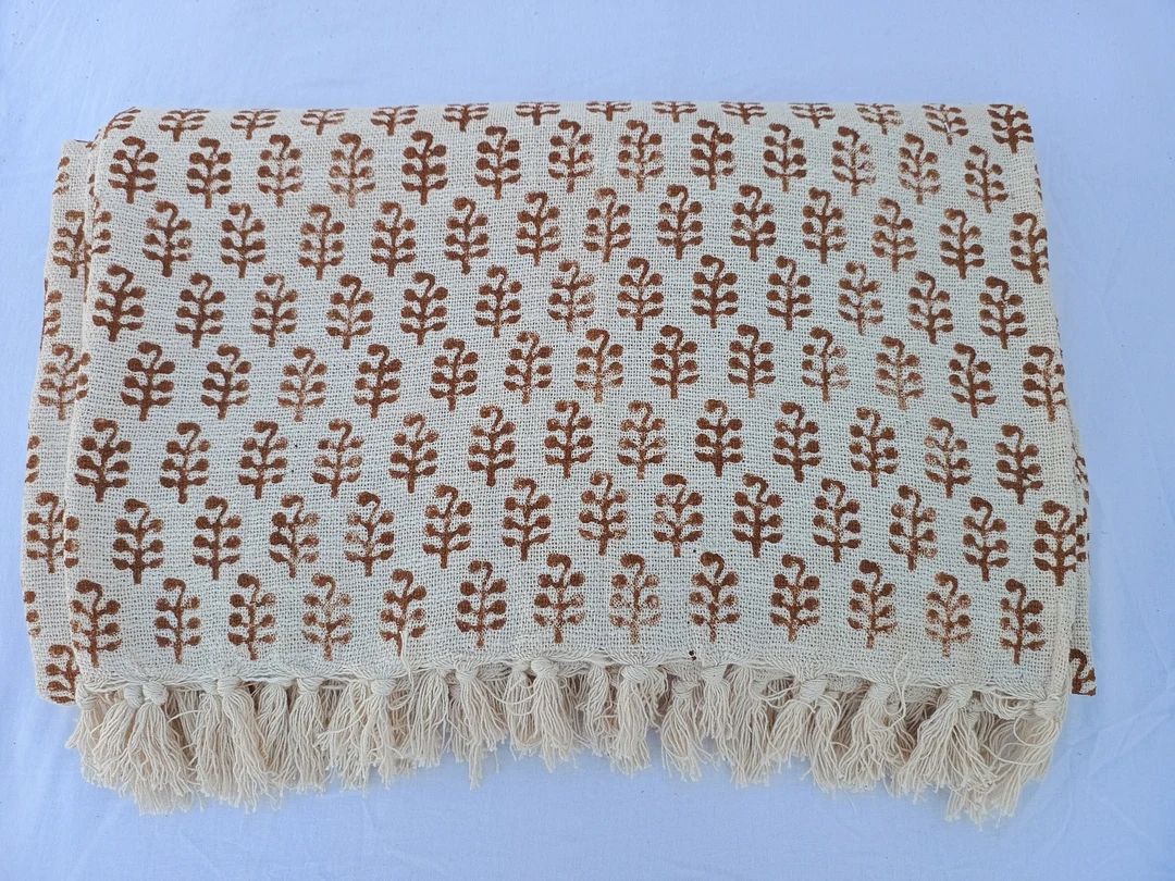 Handmade Throw Handblock Print Throw Soft Cotton Throw Blanket Sofa Décor Room Décor Tassels Ha... | Etsy (US)