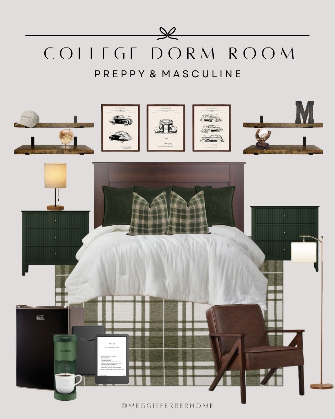 🏛️ COLLEGE DORM GOALS 🏛️
Preppy, masculine, and totally elevated—this dorm room setup brings all the classic charm with a modern edge. From deep green accents to vintage car art and rich leather textures, it’s the perfect mix of cozy + cool for the school year ahead.
✨ Shop the look:
✔️ Olive green nightstands
✔️ Plaid bedding + rug
✔️ Leather lounge chair
✔️ Floating shelves for decor & storage
✔️ Mini fridge + Keurig for late night study sessions

#DormDecor #CollegeStyle #LTKBackToSchool #PreppyAesthetic #MasculineDecor #DormRoomInspo #LTKhome #MensDormStyle #CollegeReady

