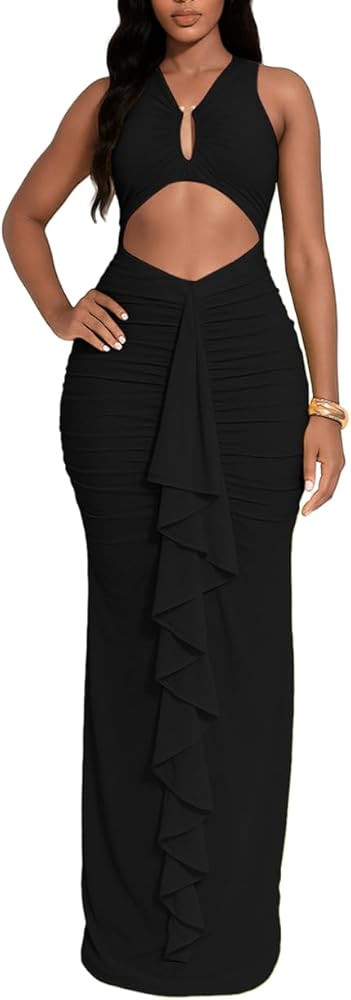 HWP Women Sexy Ruffle Midi Dresses V Neck Bodycon Sleeveless Ruched Club Date Night Dress Cut Out... | Amazon (US)