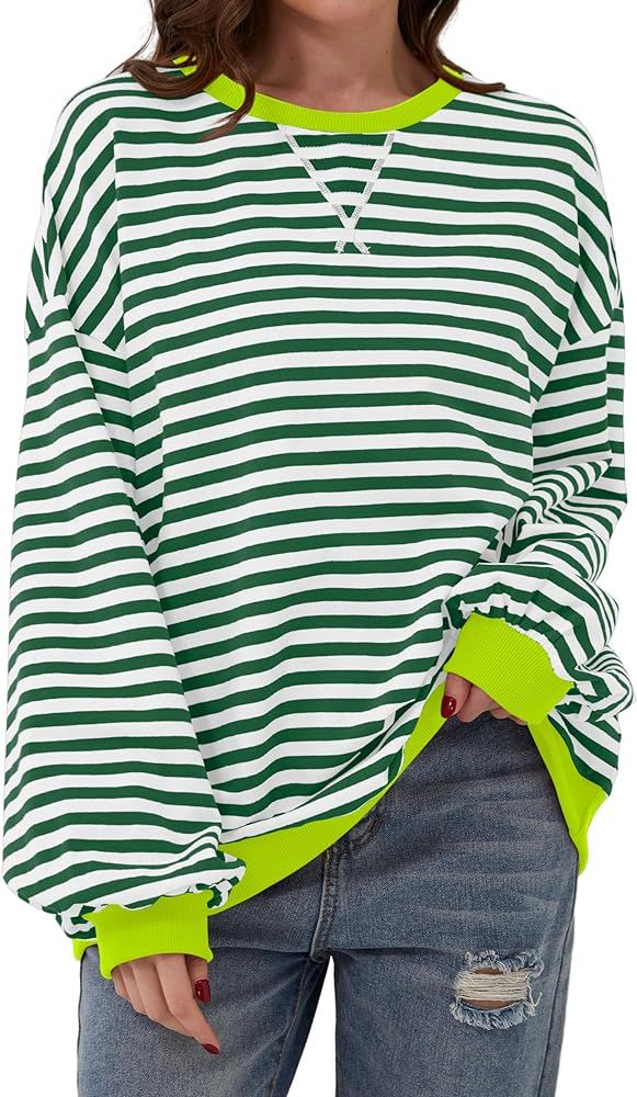 Women Striped Oversized Sweatshirt Color Block Crew Neck Long Sleeve Shirt Casual Pullover Top Fa... | Amazon (US)
