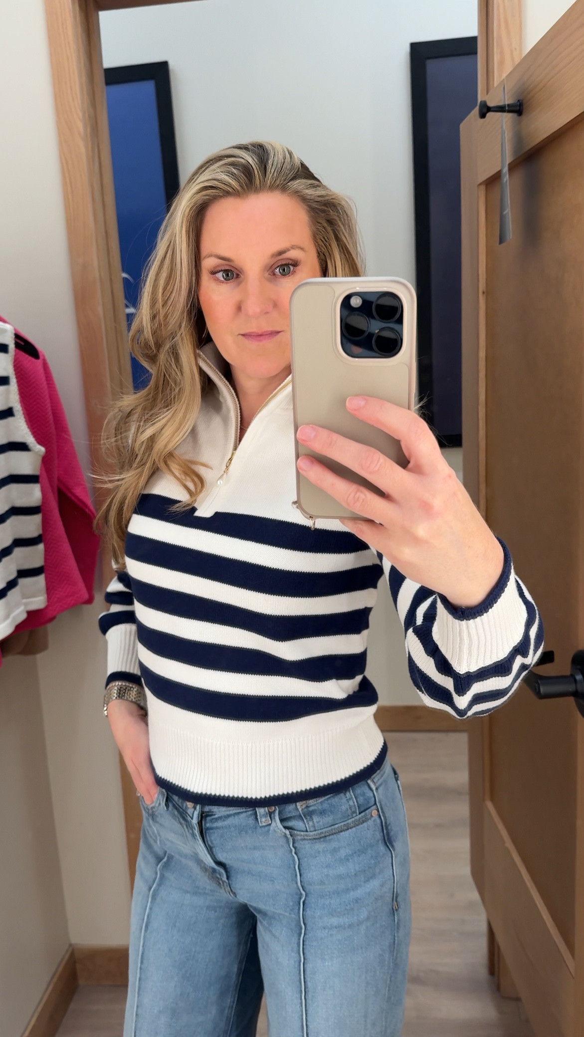 Stripe sweater 
Quarter zip 
Vacation 
Resort wear for chilly nights, or pair with shorts.
Runs true to size. I preferred the size down for a shorter cropped fit.

#LTKOver40 #LTKSaleAlert