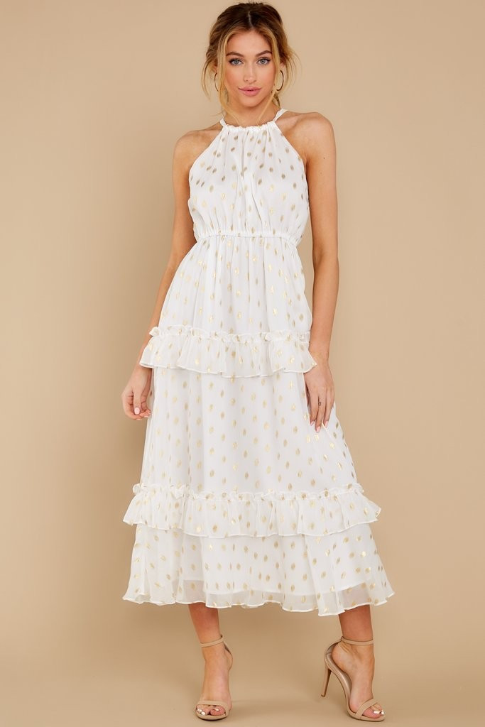 Darling Girl White And Gold Polka Dot Midi Dress | Red Dress 