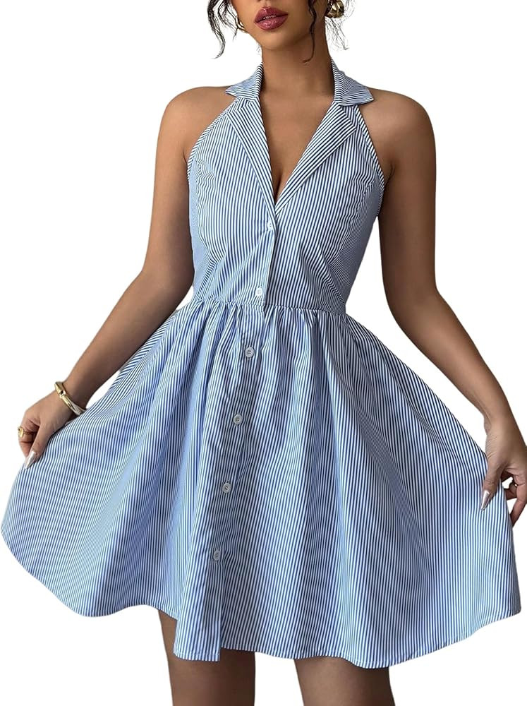 Floerns Women's Striped Halter Shirts Dress Collared Button Up Ruffle Hem Mini Dresses | Amazon (US)