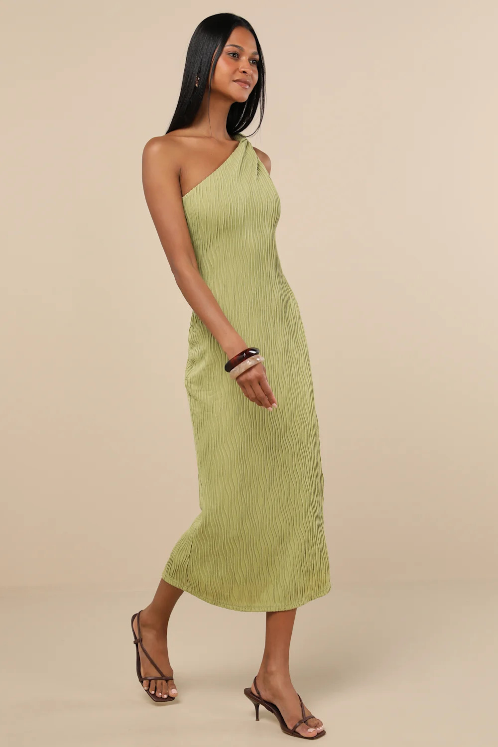 Aristea Light Green Textured One-Shoulder Midi Dress | Lulus