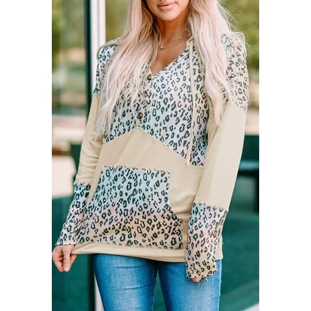 Leopard Patchwork Buttons Hooded Sweatshirt with Pocket | Walmart (US)