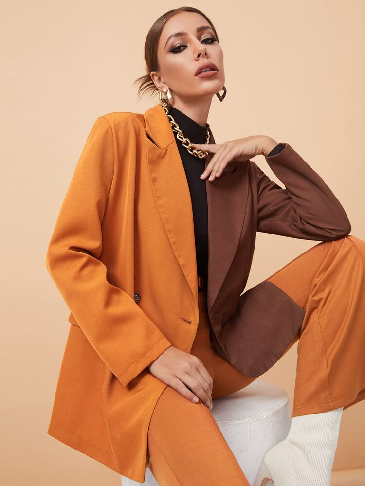 SHEIN Two Tone Double Button Flap Detail Blazer | SHEIN