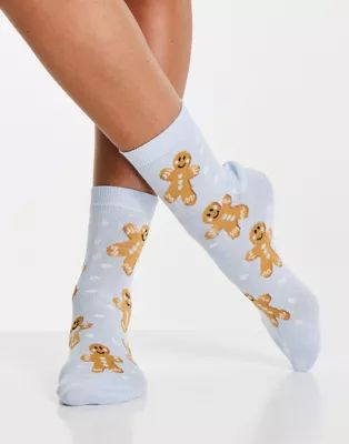 ASOS DESIGN Christmas ankle socks in gingerbread print in blue | ASOS | ASOS (Global)