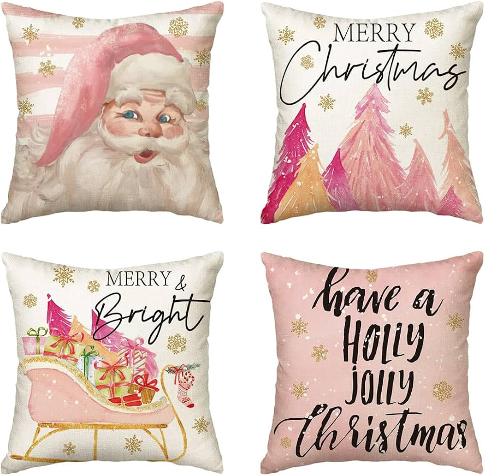 AVOIN colorlife Pink Christmas Strips Santa Christmas Tree Sleigh Stocking Gift Throw Pillow Cove... | Amazon (US)