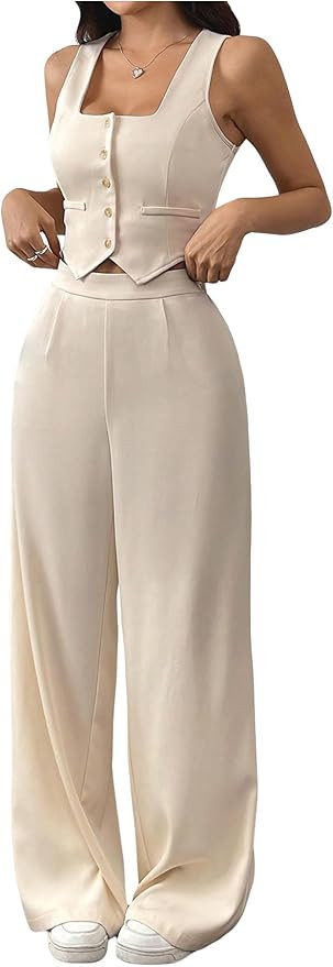 WDIRARA Women's 2 Piece Outfits Button Down Sleeveless Clothing Sets Crop Blazer Vest and Wide Le... | Amazon (US)