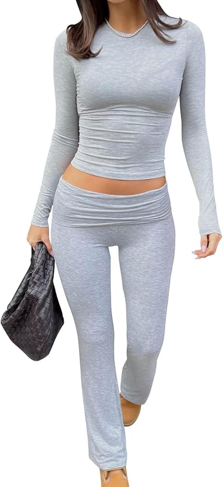 Casual Workout Two Piece Outfits Long Sleeve High Waist Fold-over Flare Flared Leggings Pants Tra... | Amazon (US)