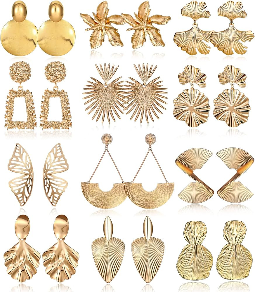 12 Pairs Gold Statement Earrings for Women, Large Gold Geometric Earrings Big Disc Drop Earrings ... | Amazon (US)