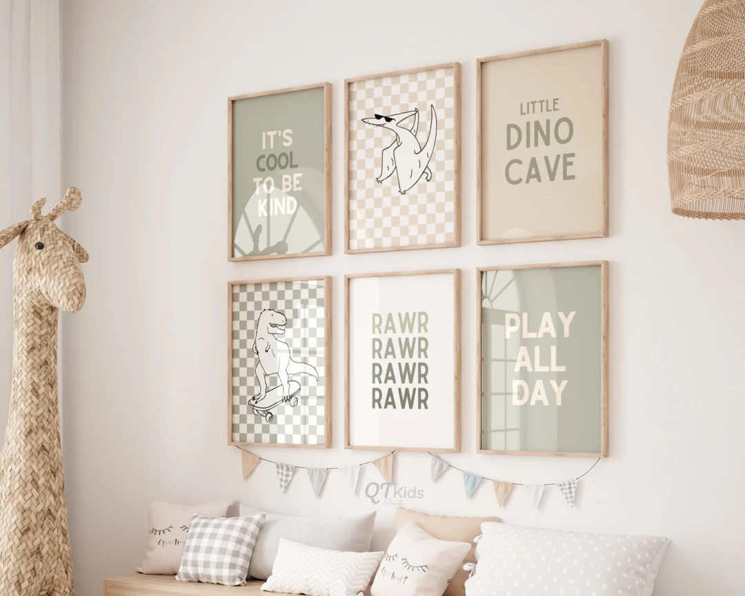 Dinosaur Nursery Prints, Boy Room Dino Wall Art, Green Skateboard T-rex, Cool to be Kind, Rawr Di... | Etsy (US)