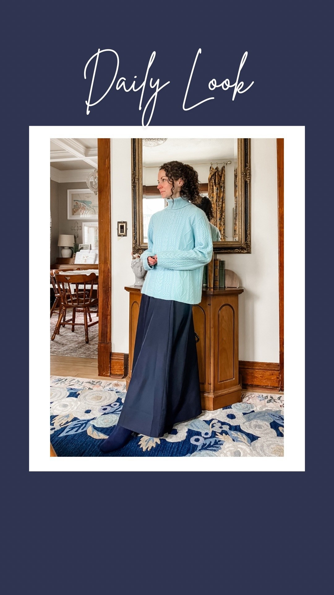A winter church outfit!
A vintage cashmere light blue turtleneck sweater (linking similar). 
A navy blue maxi skirt from Chicwish. 
Navy knee high sweater boots from Vivaia. 
Petite outfit. Modest outfit. Church outfit. Classic outfit  

#LTKOver40 #LTKmomlife #LTKootd