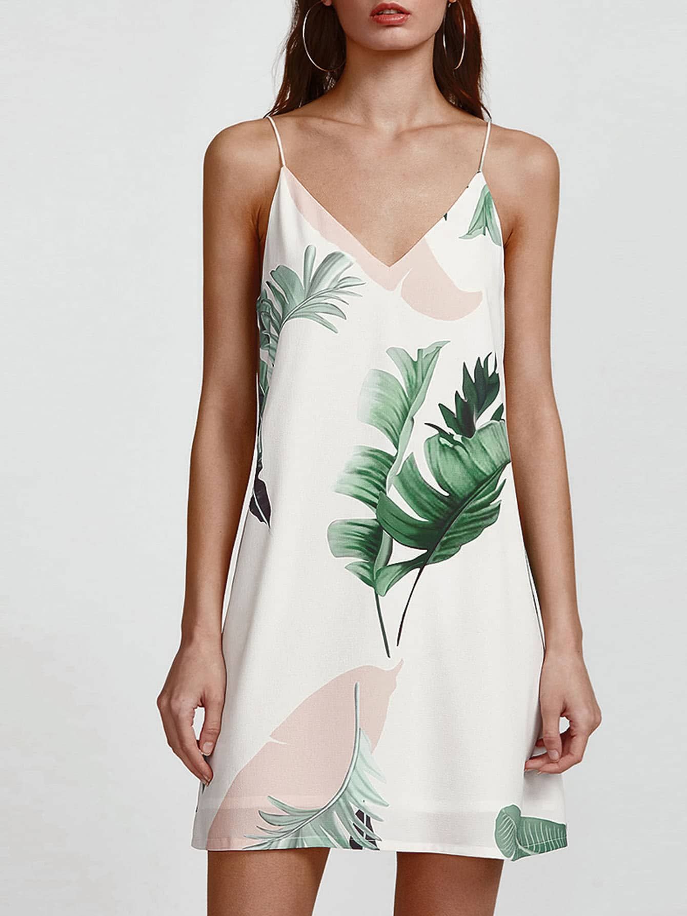 Palm Leaf Print Double V Neck Cami Dress | ROMWE