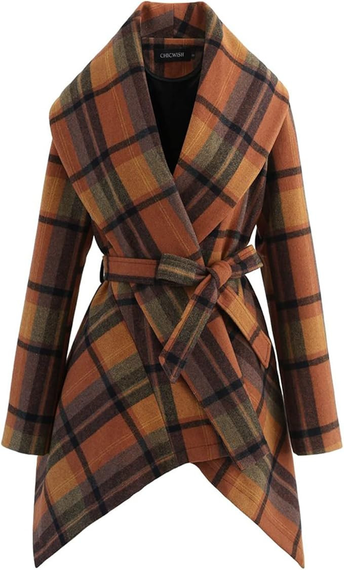 CHICWISH Women's Turn Down Shawl Collar Earth Tone Check Asymmetric Hemline Wool Blend Coat | Amazon (US)