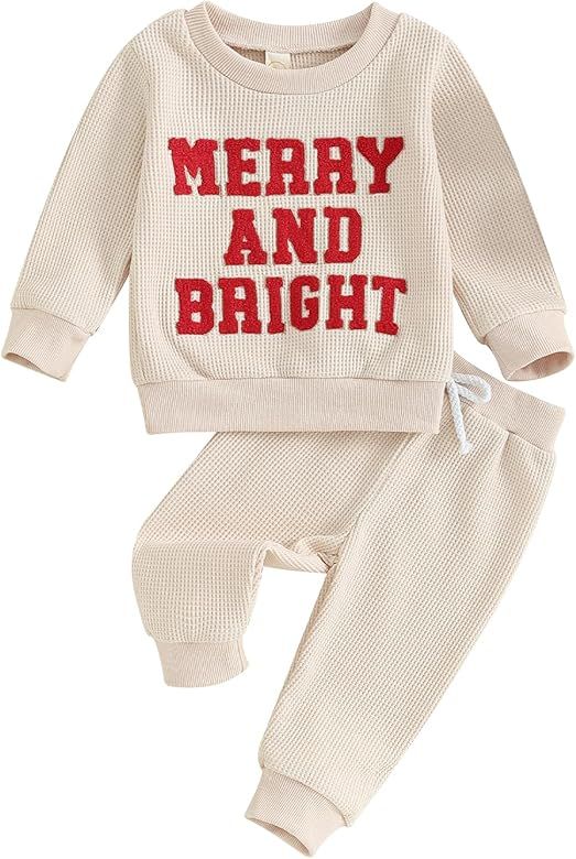 Gureui Toddler Baby Boy Girl Christmas Outfit Merry and Bright Print Crewneck Waffle Sweatshirt P... | Amazon (US)