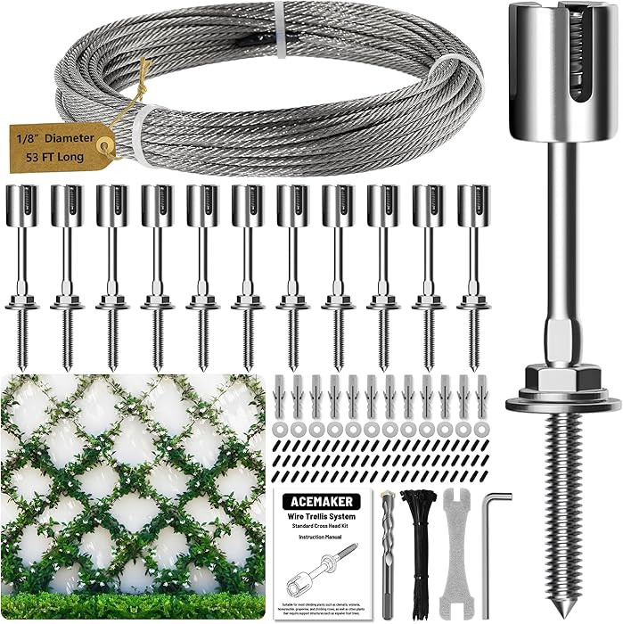 Wire Trellis for Climbing Plants Outdoor, 12-Set Wall Wire Trellis Kit with 1/8in x 53ft Stainles... | Amazon (US)