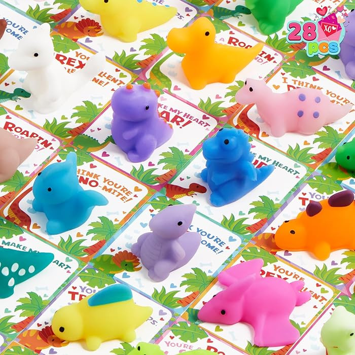 JOYIN 28 Packs Valentines Day Gift Card with Mochi Squishy Toy for Kids, Kawaii Dinosaur Mochi Sq... | Amazon (US)
