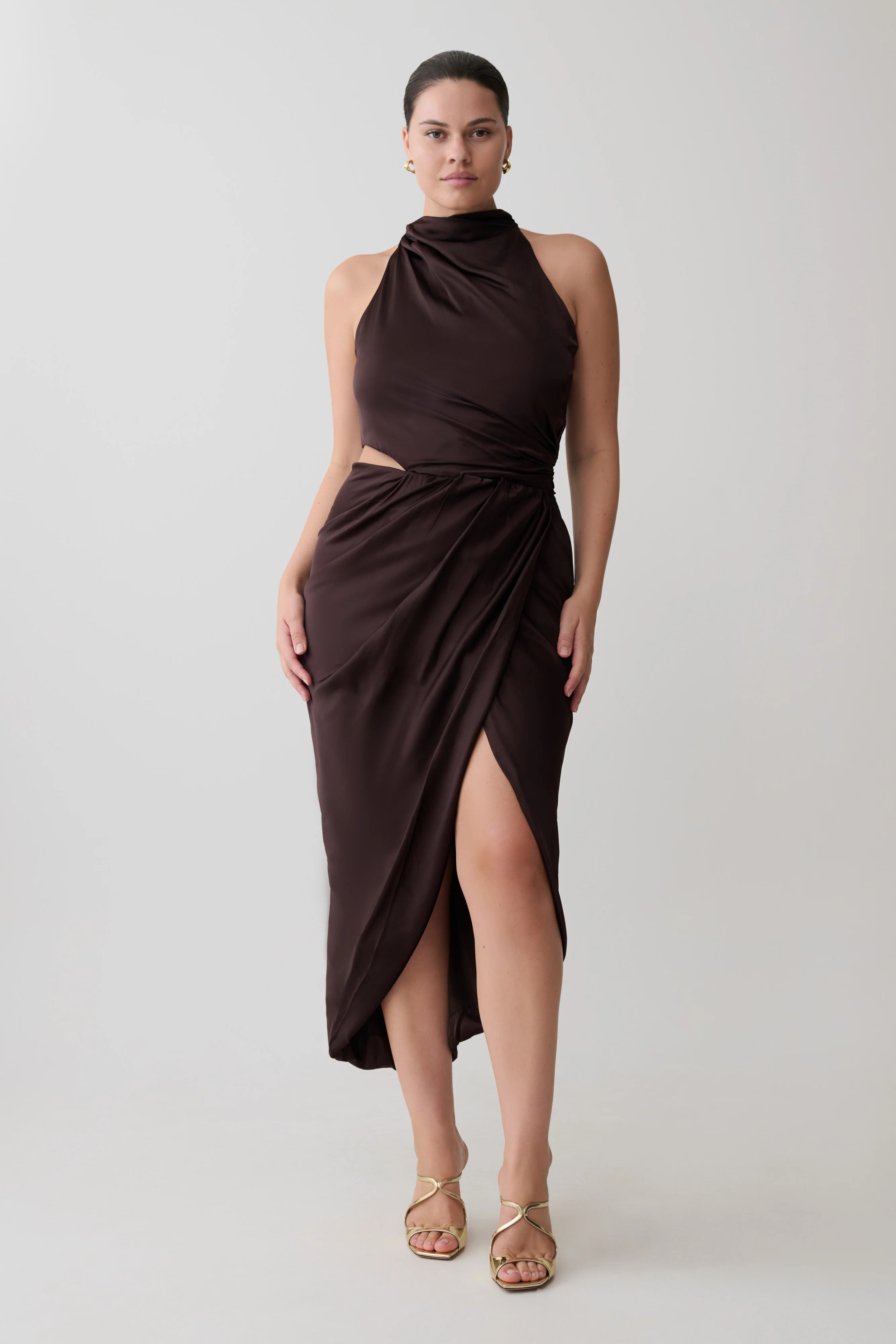 Aveline Draped Halter Midi Dress - Dark Chocolate | Meshki (APAC)