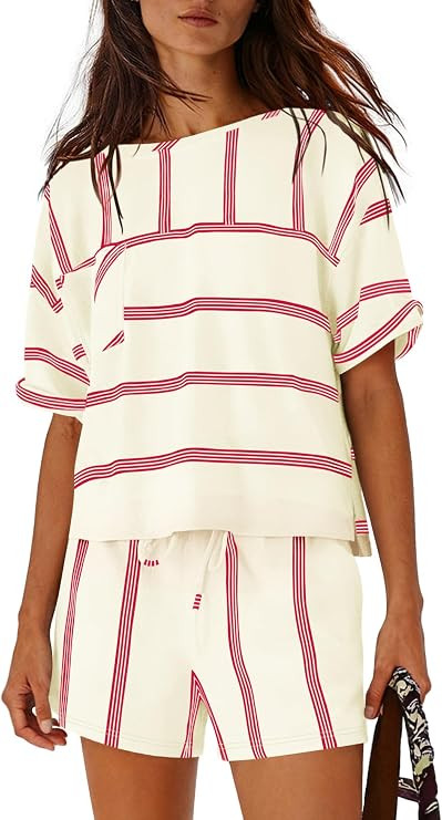 Nirovien Womens Striped Lounge Set 2 Piece Vacation Outfits Short Sleeve Tops and Drawstring Shor... | Amazon (US)