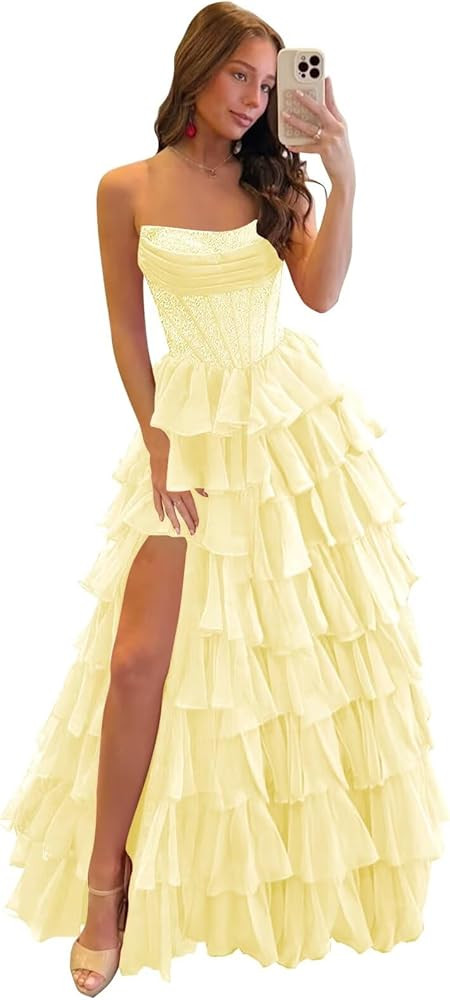 Strapless Prom Dress Tiered Ruffle Sparkly Formal Evening Party Cocktail Gown with Slit | Amazon (US)