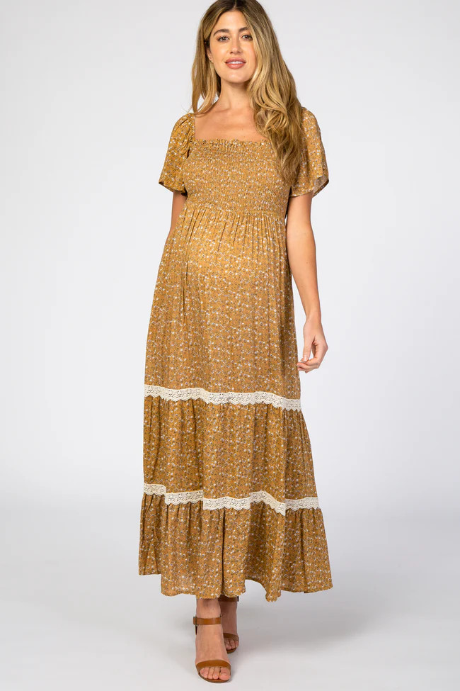Gold Floral Square Neck Smocked Front Lace Trim Maternity Maxi Dress | PinkBlush Maternity